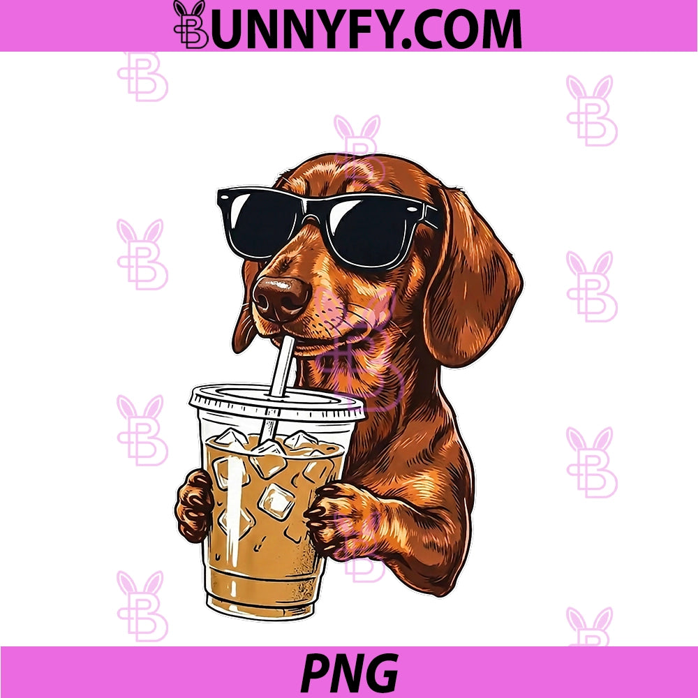 Funny Cool Dachshund Drinking Iced Coffee PNG, Wiener Dog Humor PNG