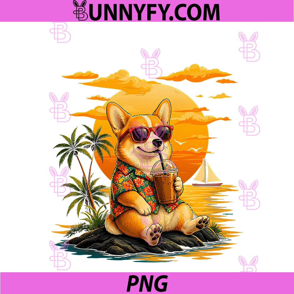 Funny Corgi Coffee Sunglasses PNG, Hawaiian Sunset Corgi Lovers PNG