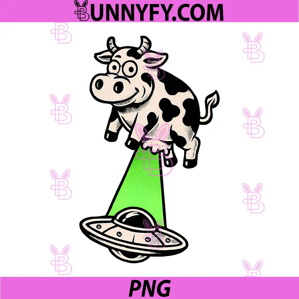 Funny Cow Abduction Green PNG, Beam Light Flying Saucer Bovine PNG