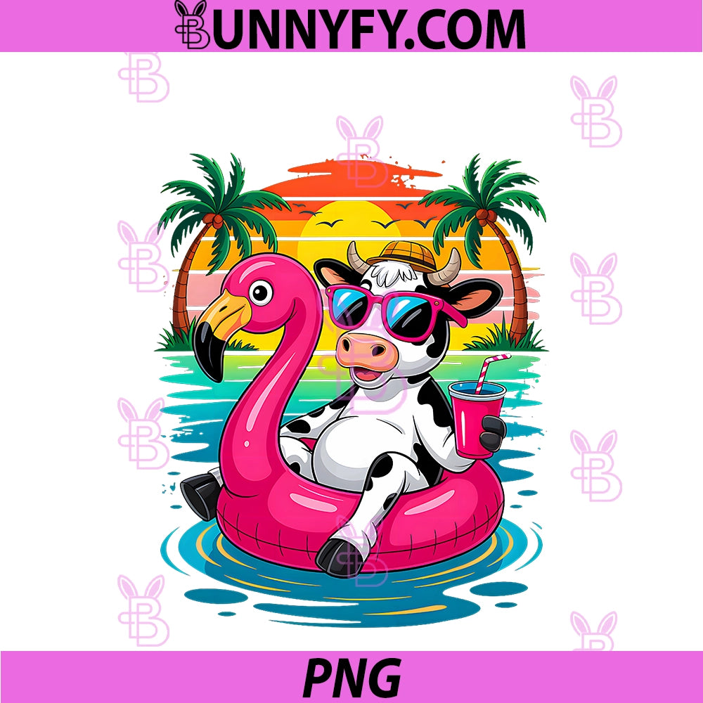 Funny Cow Hawaiian Flamingo Float Beach Summer PNG, Vacation PNG