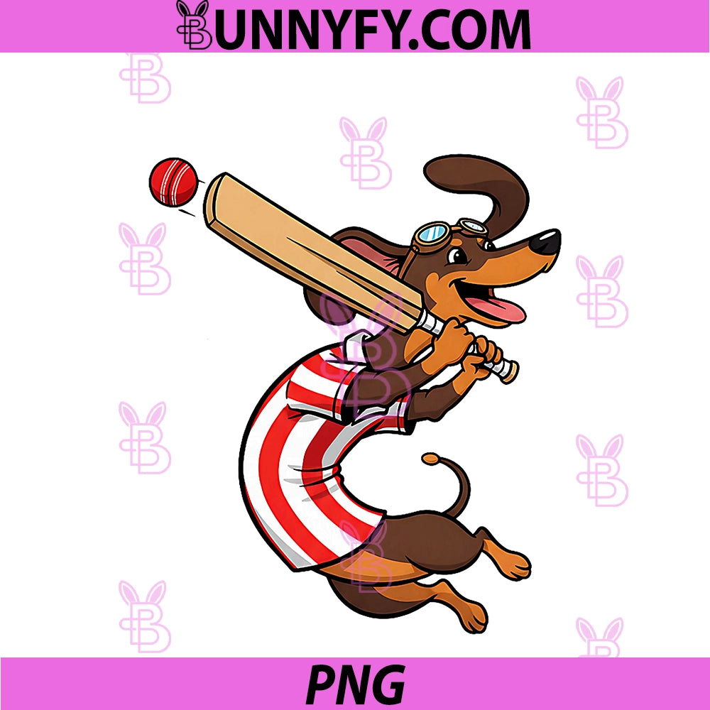 Funny Cricket Sausage Dog PNG, Batsman Dachshund PNG