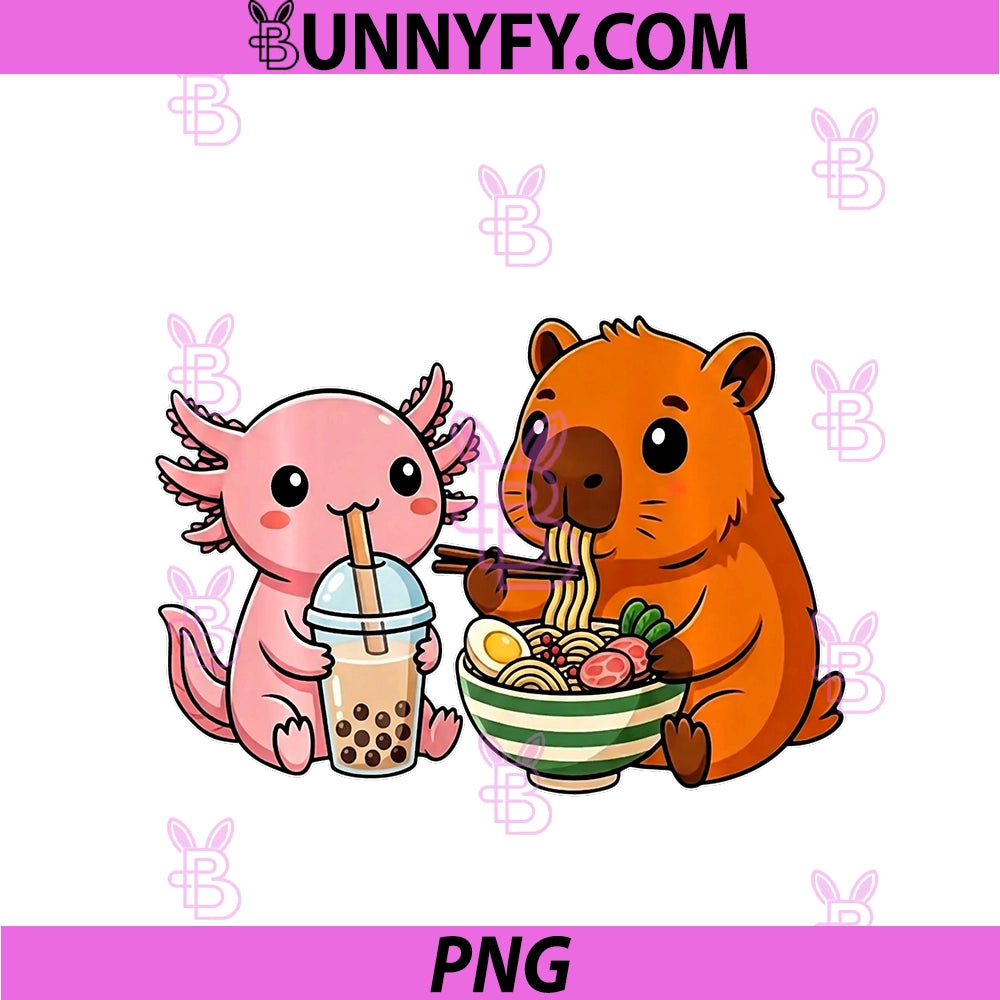Funny Cute Axolotl And Capybara PNG, Eating Ramen & Boba Tea PNG