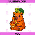 Funny Cute Capybara Eating Pizza PNG, With Turtle Anime Friend PNG