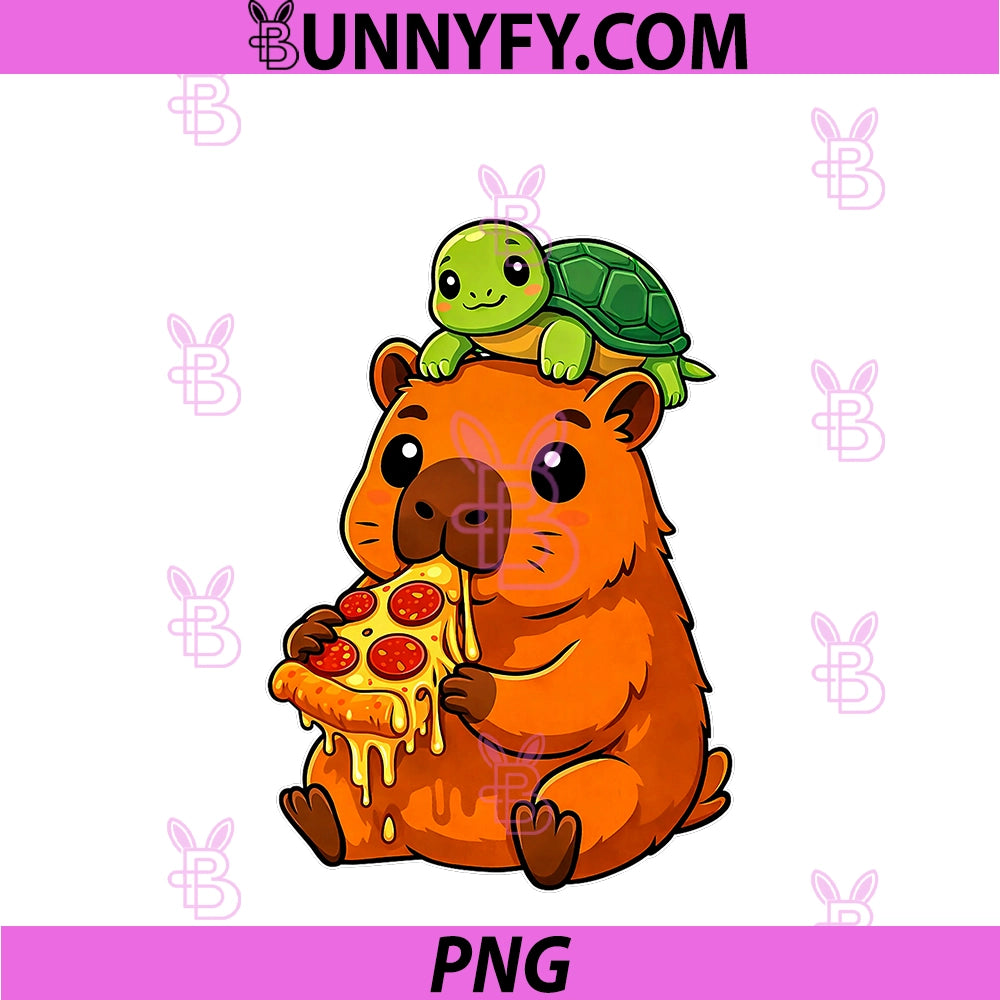 Funny Cute Capybara Eating Pizza PNG, With Turtle Anime Friend PNG
