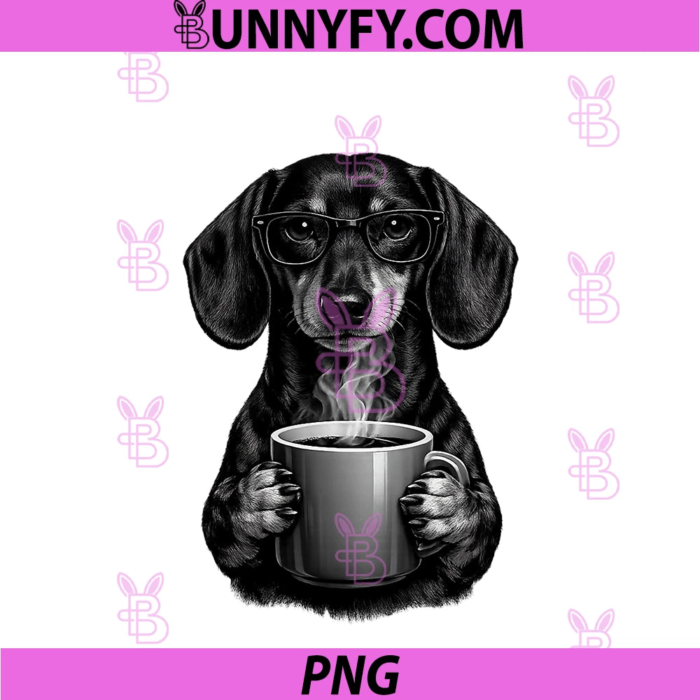 Funny Dachshund Coffee Lover PNG, Smart Wiener Dog With Glasses PNG