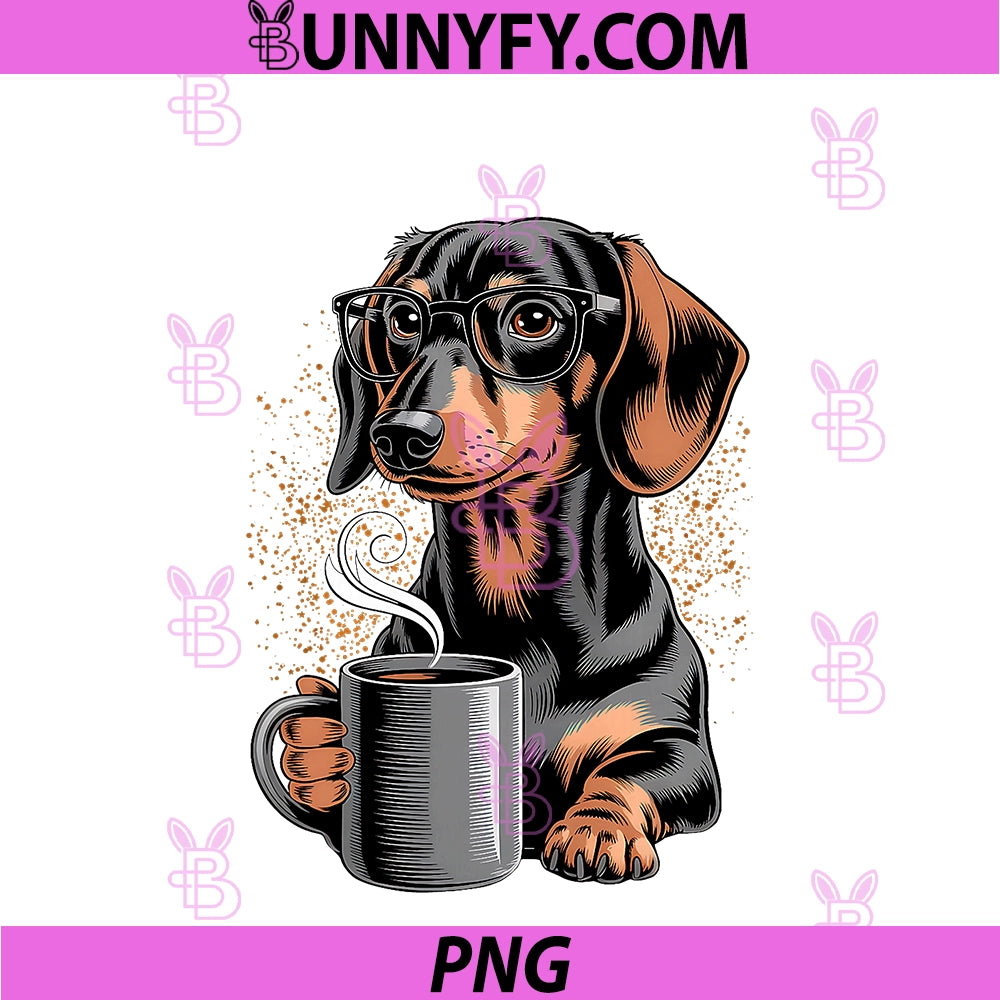 Funny Dachshund Coffee Lover Smart Wiener Dog PNG, With Glasses PNG