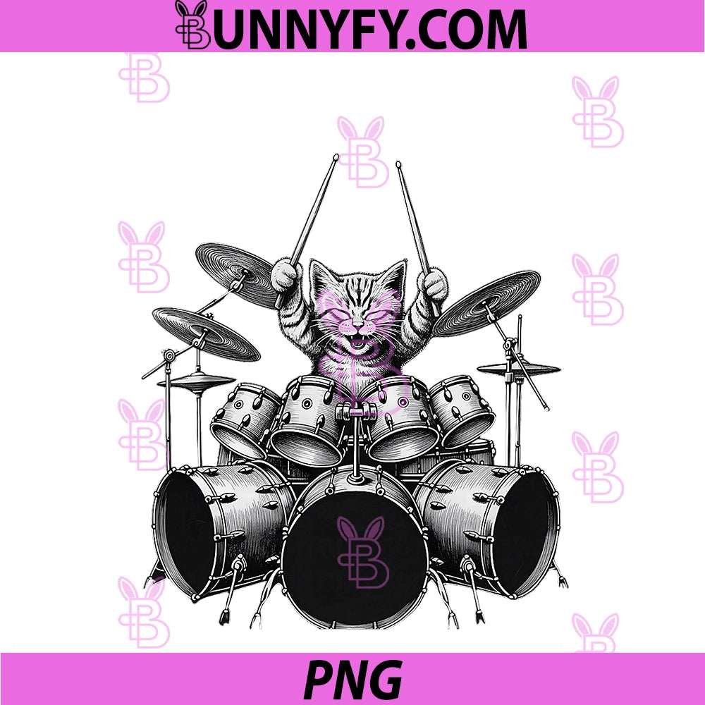 Funny Drummer Cat Playing Drum PNG, Set Music Art PNG