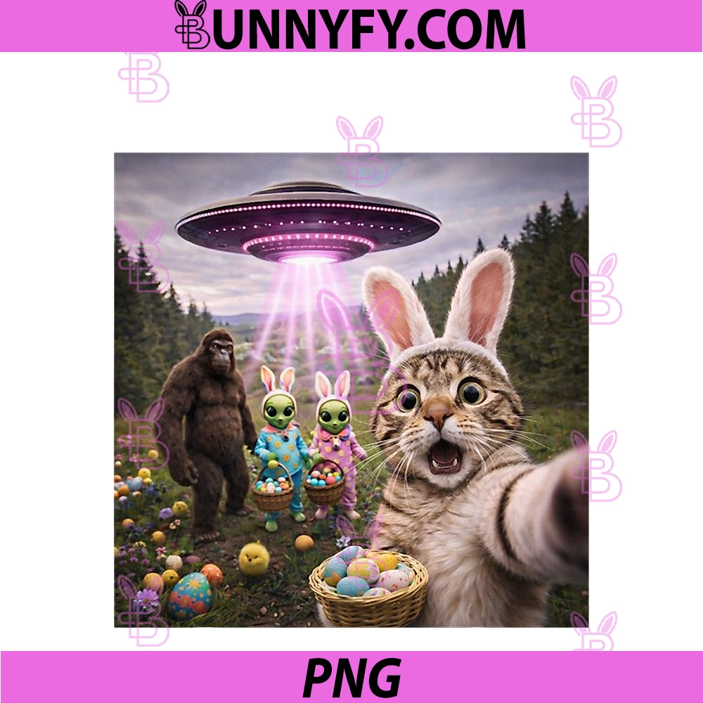 Funny Easter Day Cat Selfie PNG, With Alien Bigfoot UFO PNG