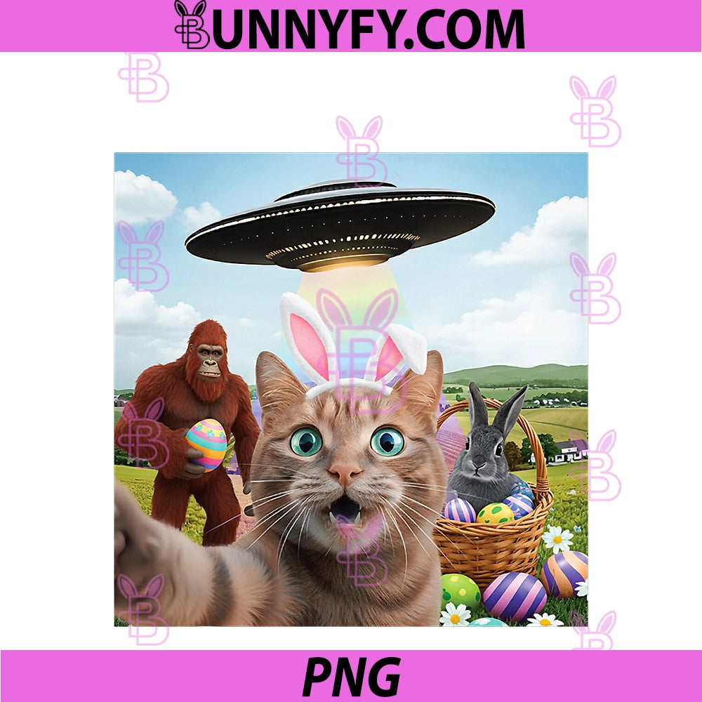 Funny Easter Day Cat Selfie PNG, With Rabbits Bunny Bigfoot UFO PNG