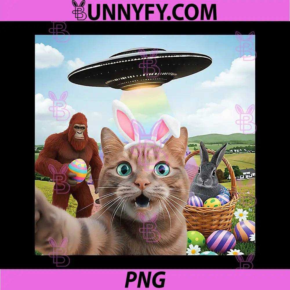 Easter Day Cat Selfie with Rabbits PNG, Bunny Bigfoot UFO PNG