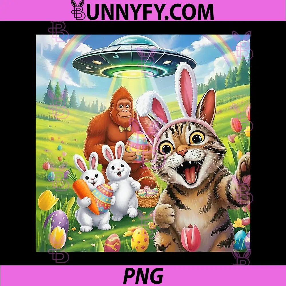 Funny Easter Day Cat Selfie with Rabbits PNG, Bunny Bigfoot UFO PNG
