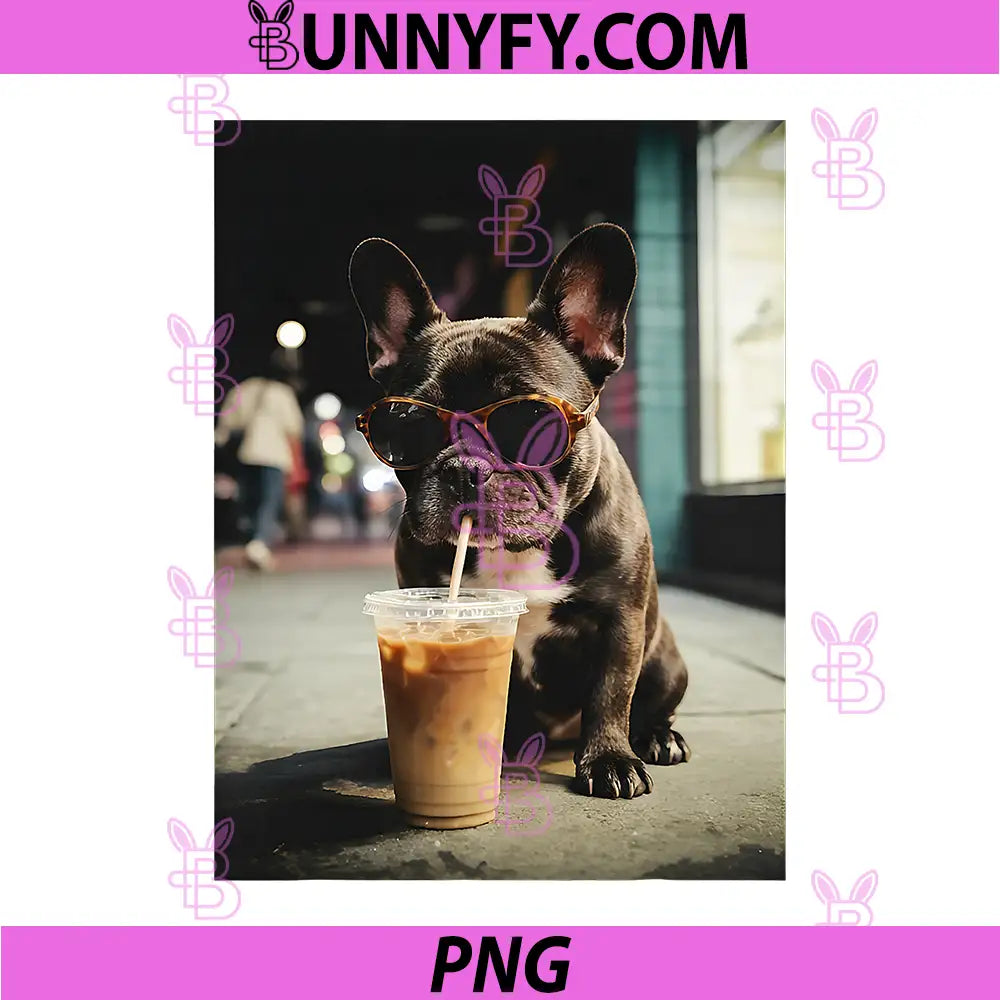 French Bulldog Drinking Iced Coffee PNG, Cool Dog Design PNG