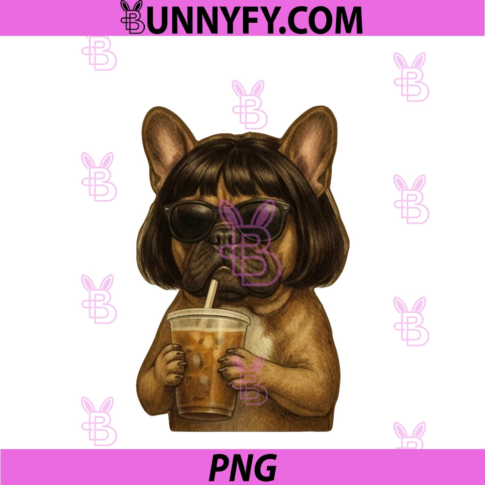 Funny French Bulldog Drinking Iced Coffee PNG, Funny Meme PNG