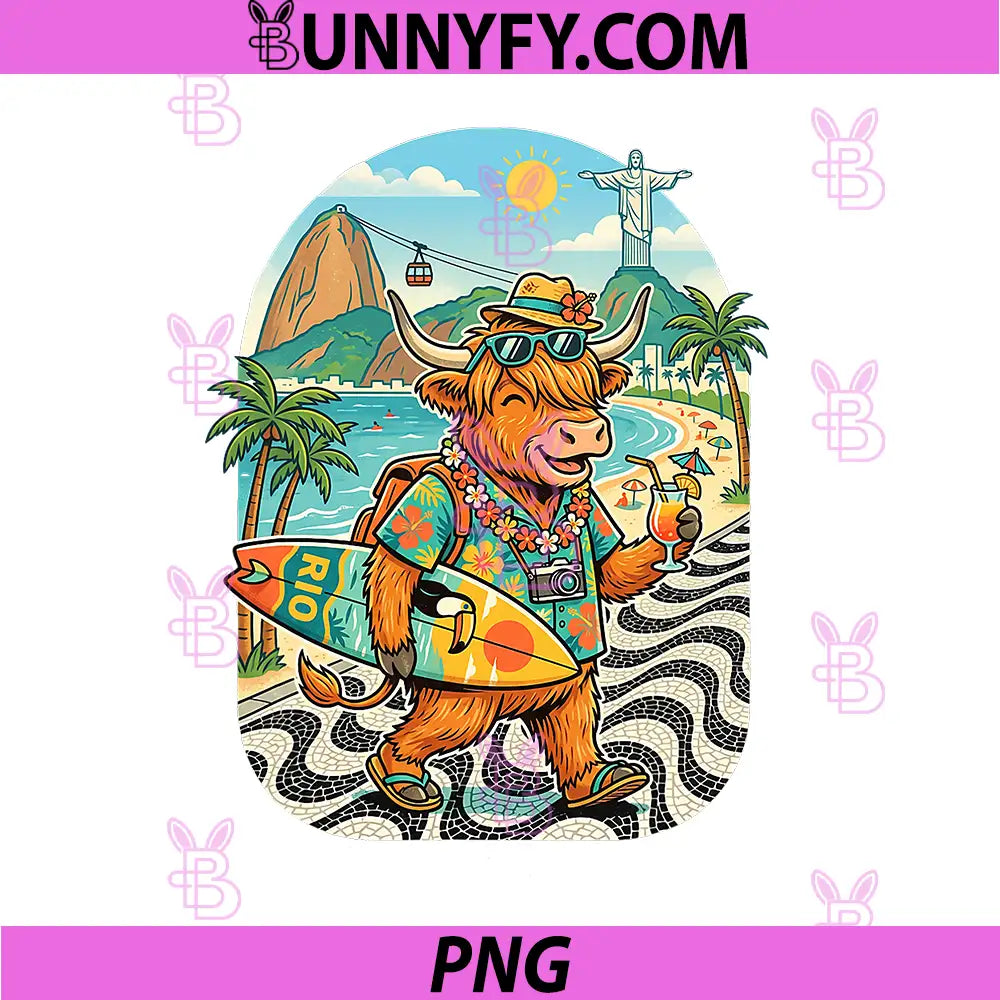 Funny Highland Cow Brazil PNG, Rio Travel Cowgirl Surfer Beach PNG
