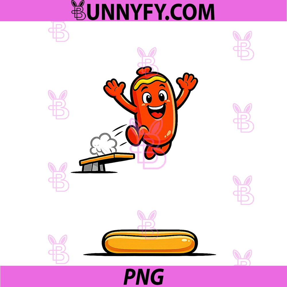 Funny Hot Dog Diving Into Bun Cartoon PNG, Food Humor PNG