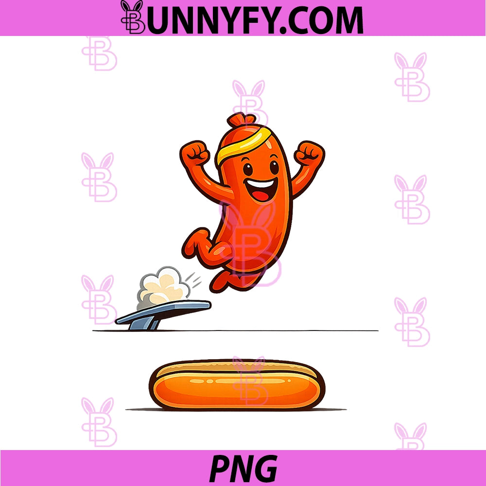Funny Hot Dog PNG, Diving Into Bun Cartoon Food Humor PNG