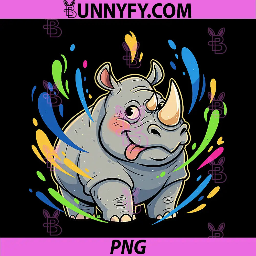 Funny Kawaii Rhinoceros PNG, Color Splash Cartoon Rhinoceros PNG