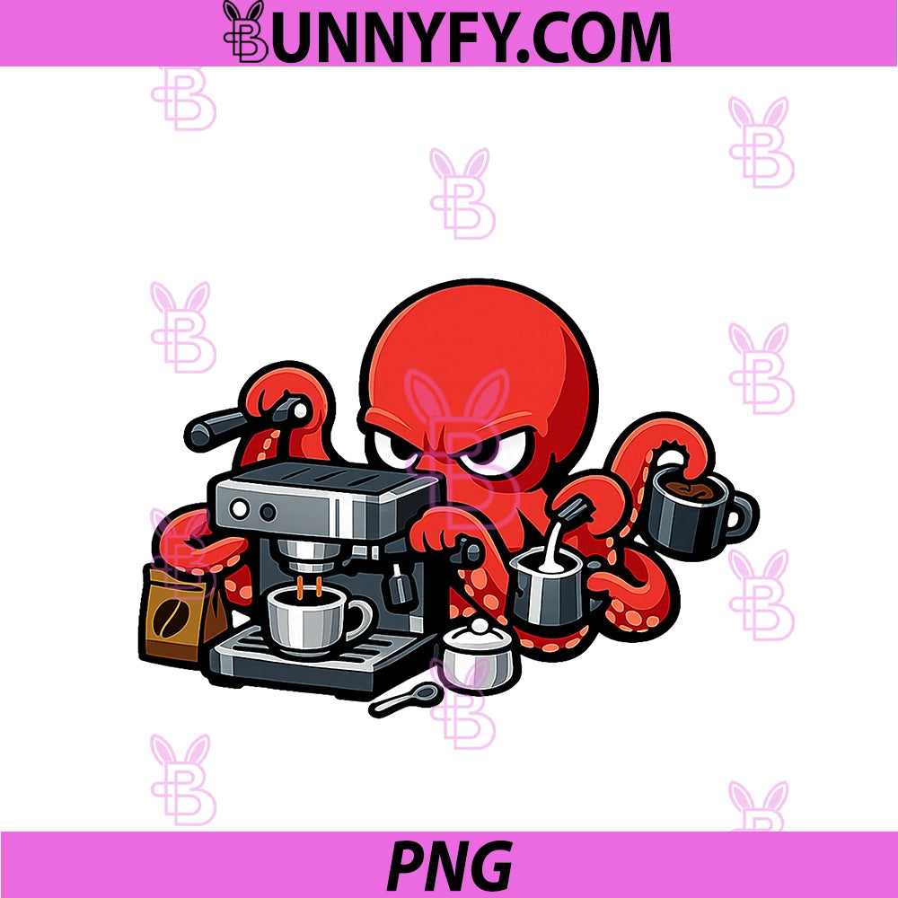 Funny Octopus Barista Running PNG, Espresso Machine Coffee Art PNG