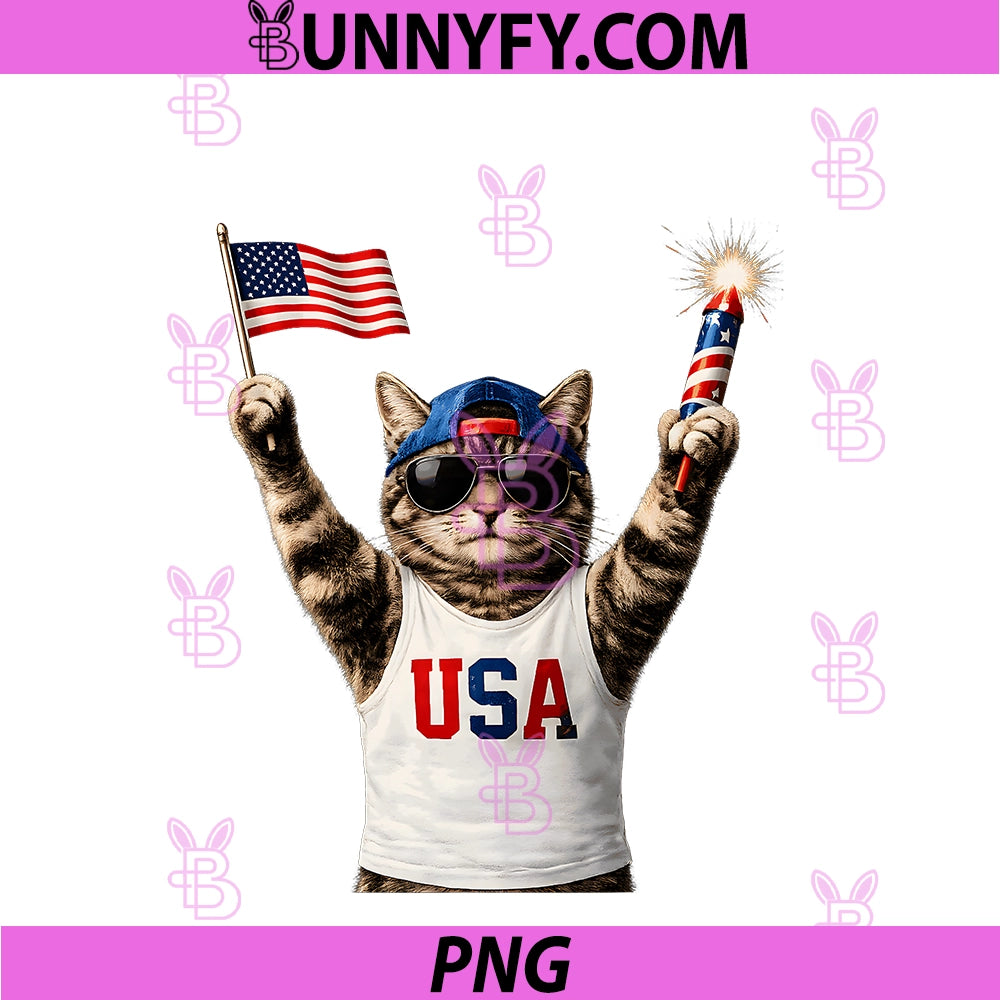 Funny Patriotic Cat USA Flag PNG, Fireworks America 250 PNG