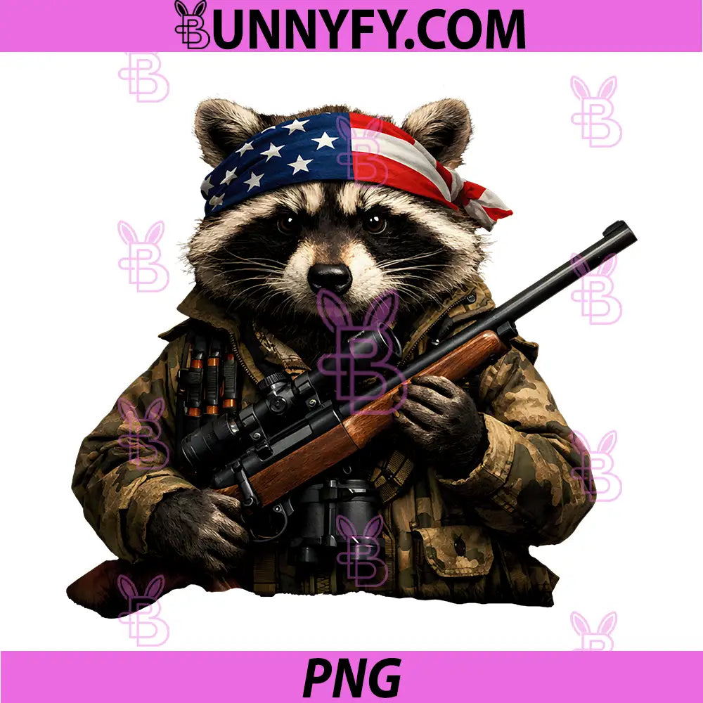 Funny Patriotic Raccoon with Gun PNG, Veteran Hunters Soldier PNG