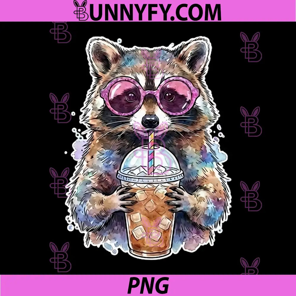 Raccoon Drinking Iced Coffee PNG, Trash Panda Graphic PNG