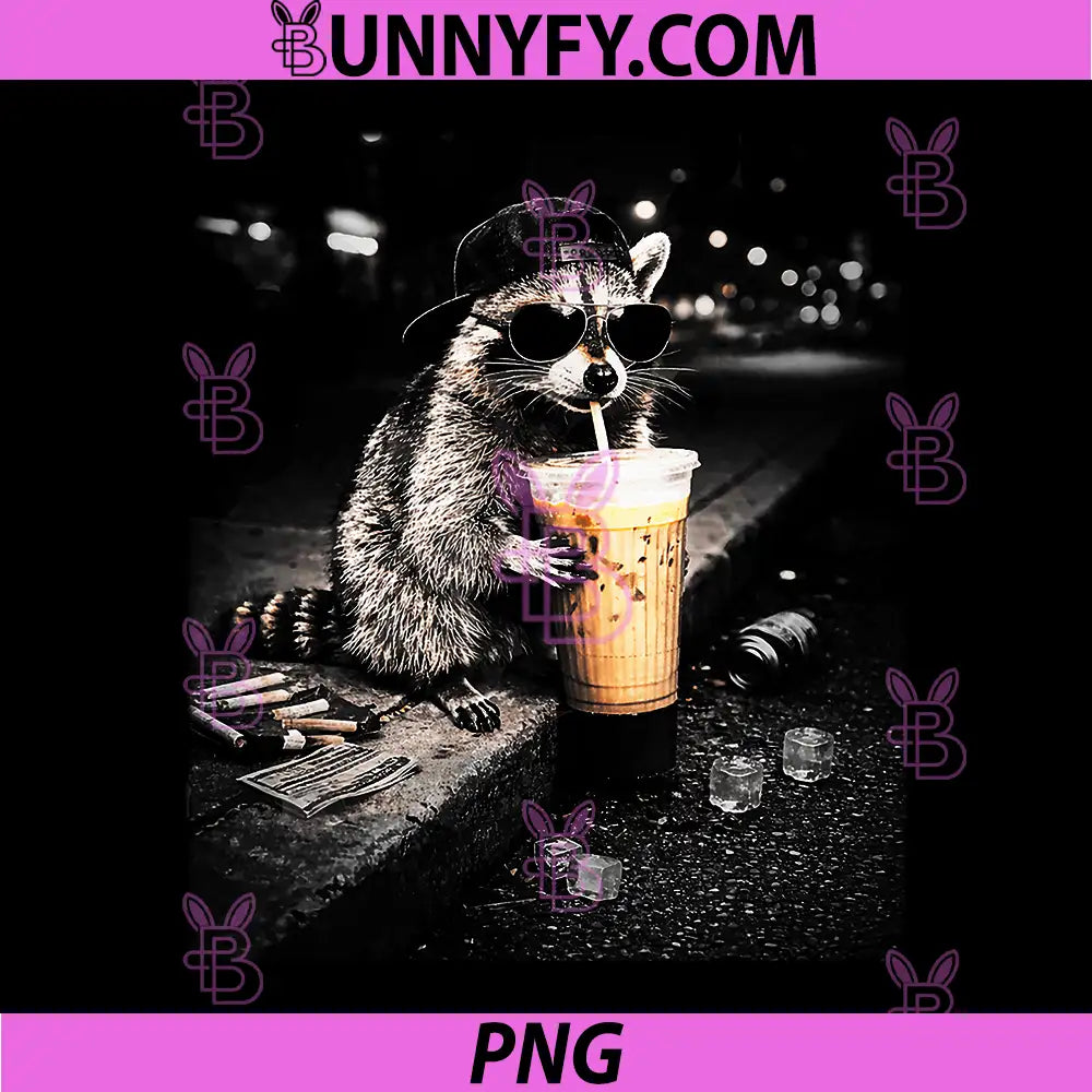 Raccoon With Sunglasses Drinking Coffee PNG, Funny Coffee Lover Animal PNG