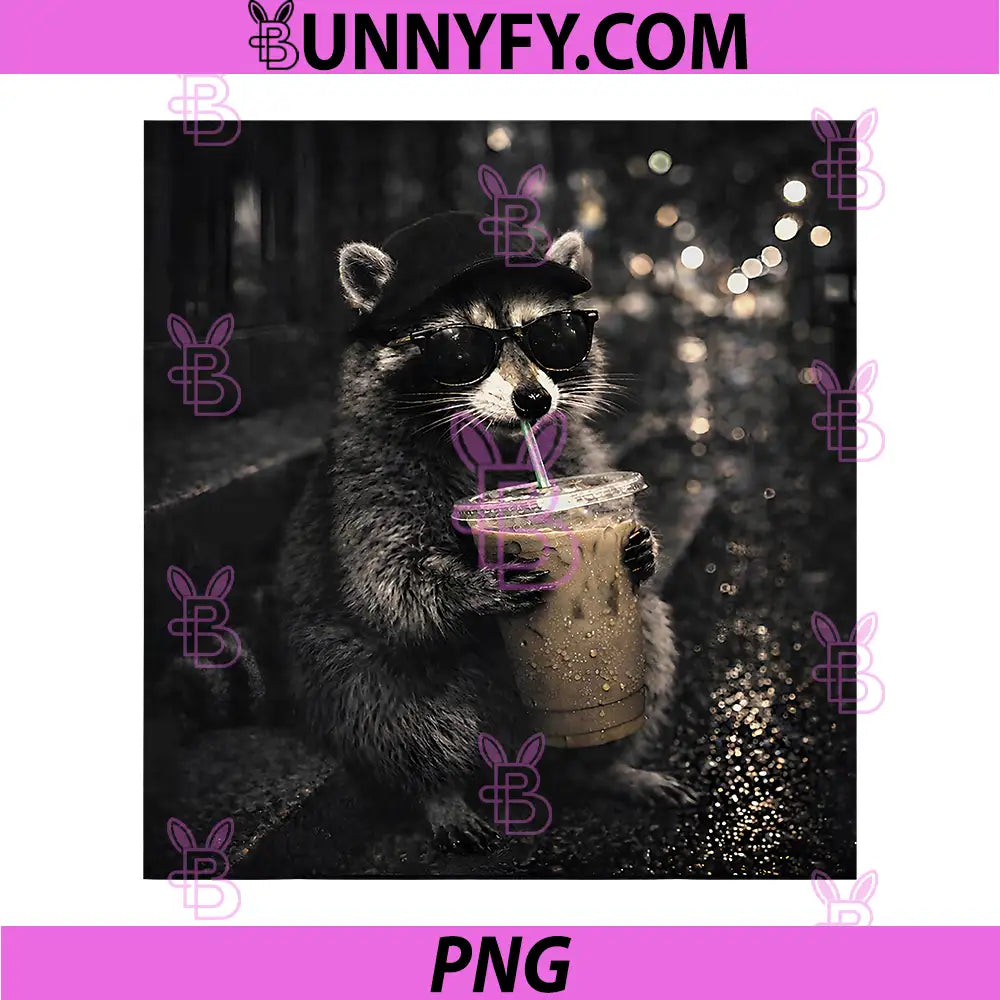 Cool Raccoon Iced Coffee Night Street PNG, Funny Animal Coffee Humor PNG