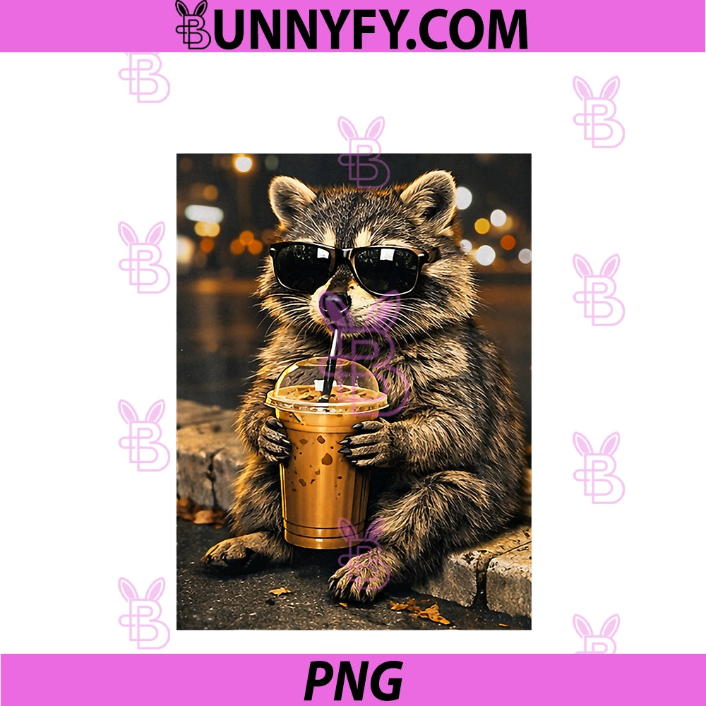 Funny Raccoon Drinking PNG, Iced Coffee Animal Meme PNG