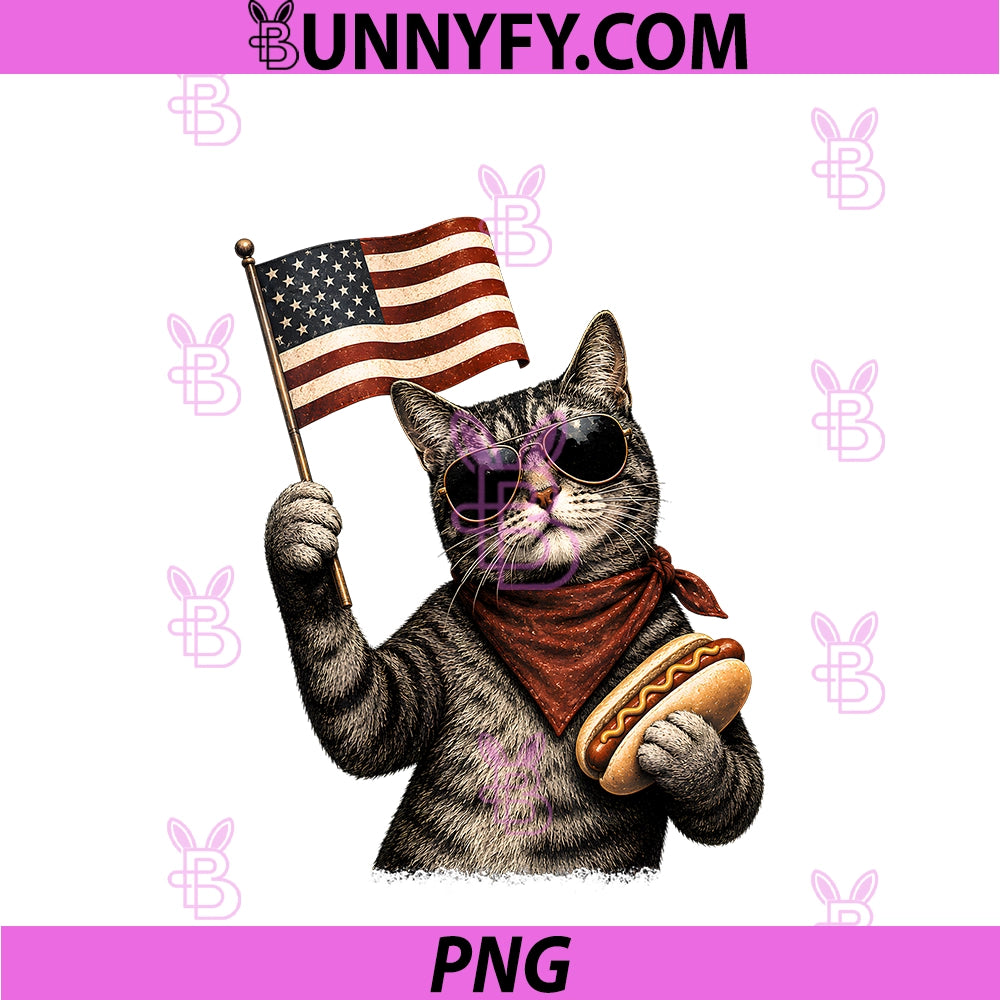 Funny Retro 4th of July PNG, Cat Hot Dog Lovers Patriotic US Flag PNG