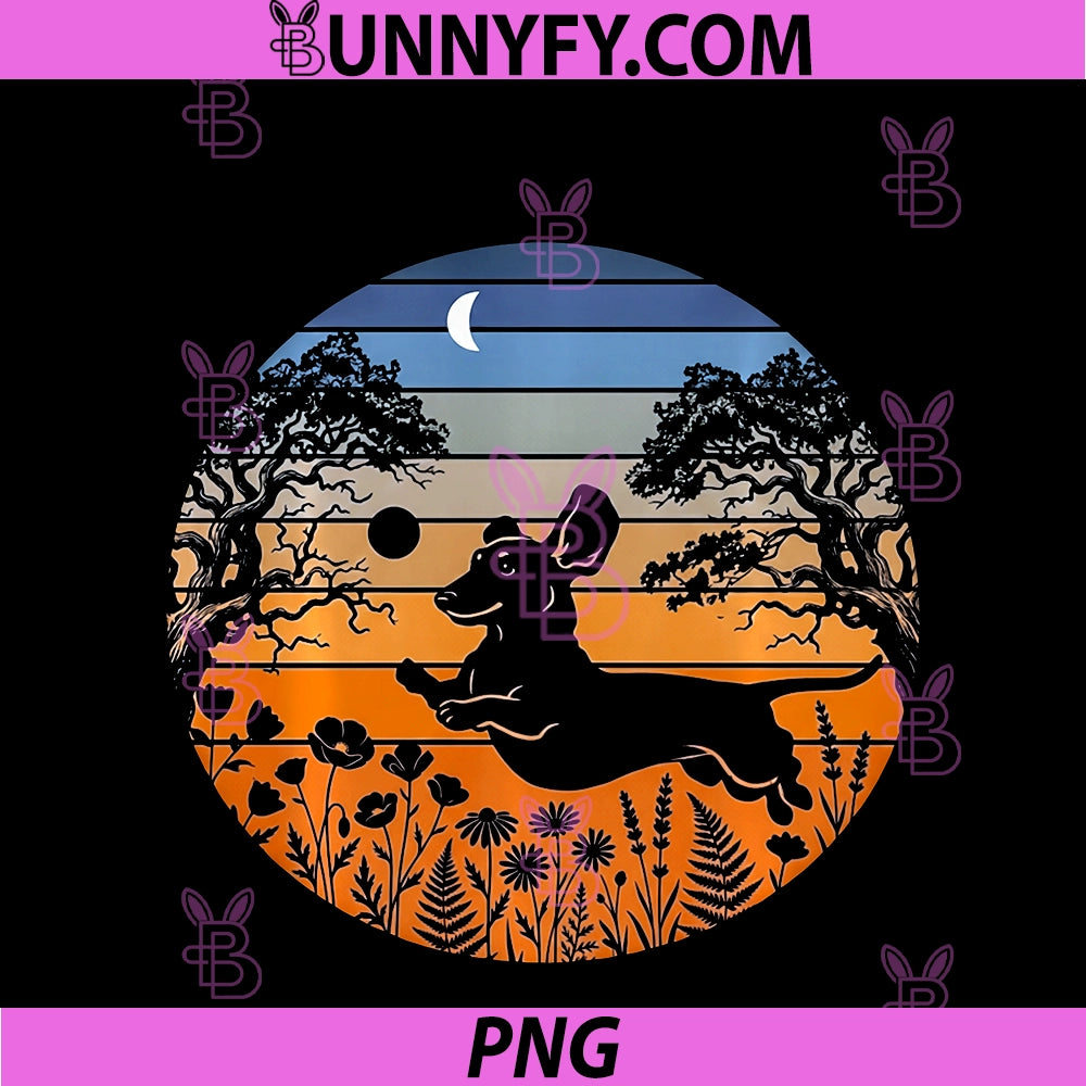 Funny Retro Dachshund PNG, Vintage Sunset Jumping Wiener Dog PNG