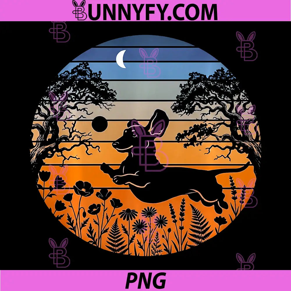 Funny Dachshund PNG, Vintage Sunset Jumping Wiener Dog PNG