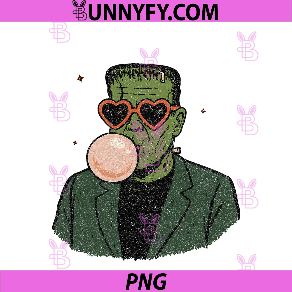 Funny Retro PNG, Frankenstein Blowing Bubblegum Heart Sunglasses PNG
