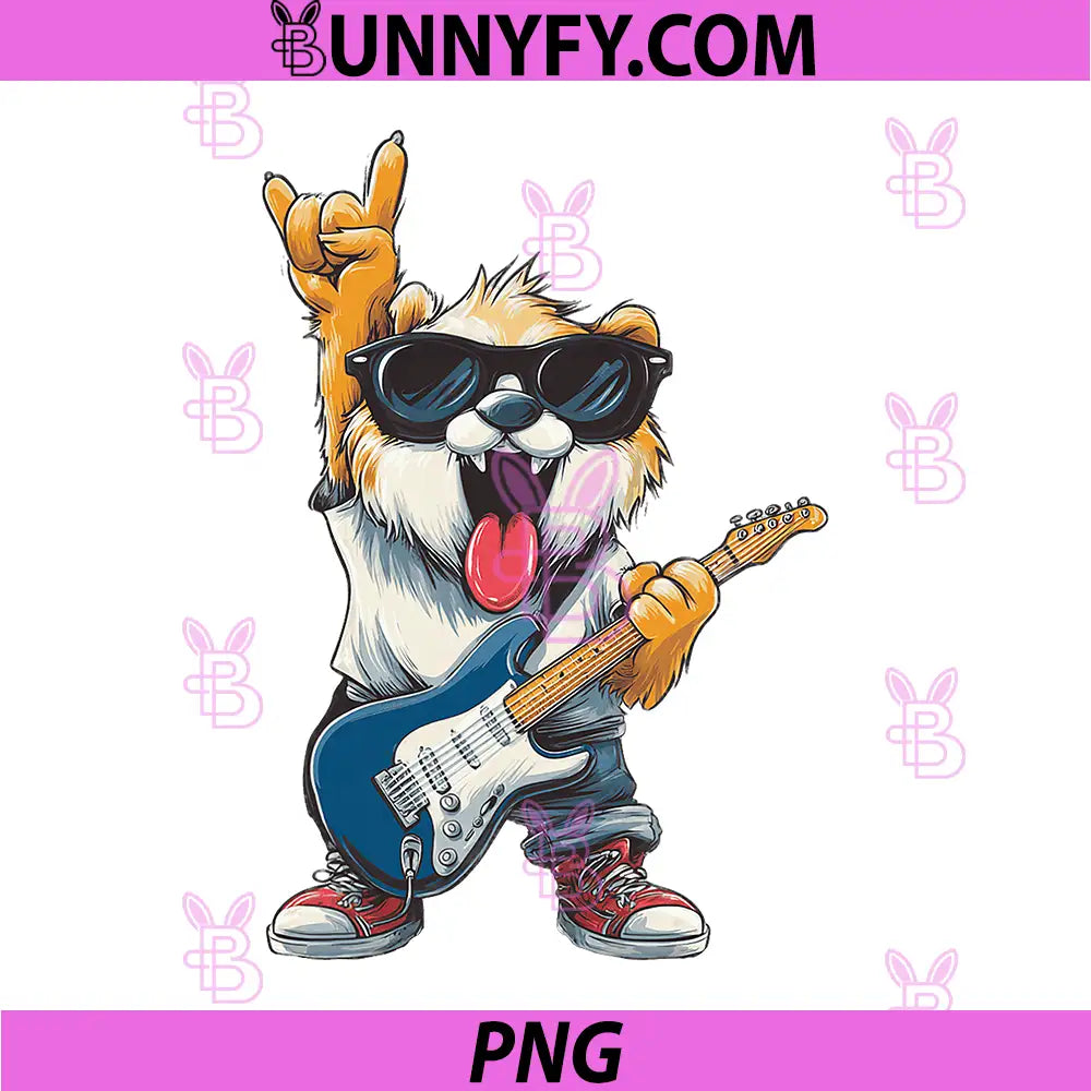 Funny Rock Dog Guitar Player PNG, Cute Cartoon Animal Design PNG