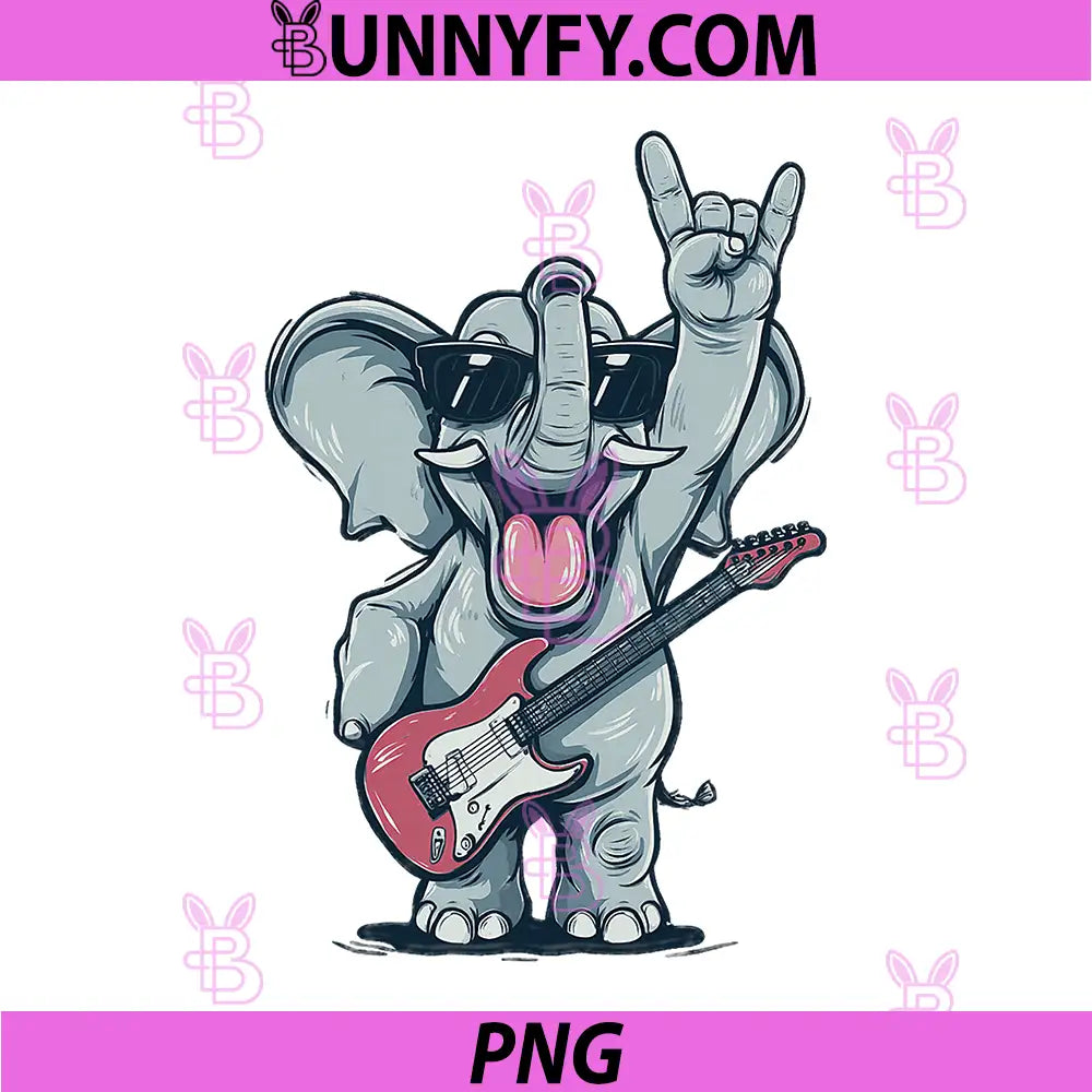 Rock Elephant Guitar Player PNG, Retro Design Cool Shades PNG