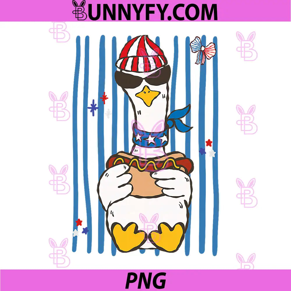 Funny Silly Goose Eating Hotdog PNG, 4th of July Patriotic Gag PNG
