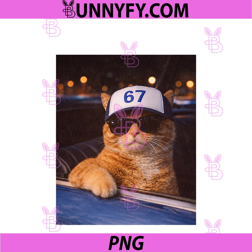Funny Six Seven 67 Meme Cat PNG, Wearing Sunglasses Graphic PNG