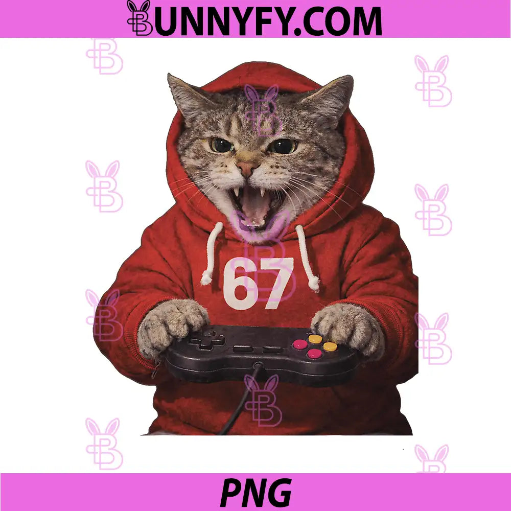Funny Six Seven 67 Meme PNG, Cat Playing Video Games Graphic PNG