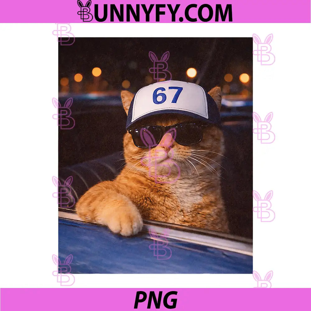 Funny Six Seven 67 Meme PNG, Cat Wearing Sunglasses Graphic PNG