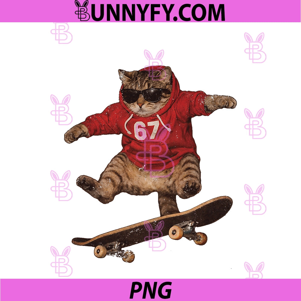 Funny Six Seven 67 PNG, Meme Cat Skateboard Graphic PNG