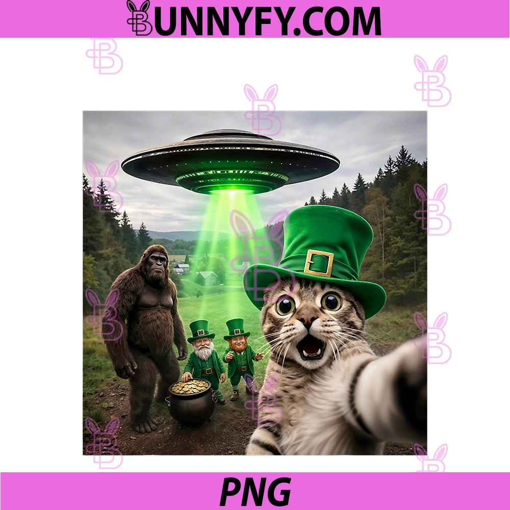 Funny St Patricks Day Cat Selfie PNG, With Leprechaun Bigfoot UFO PNG
