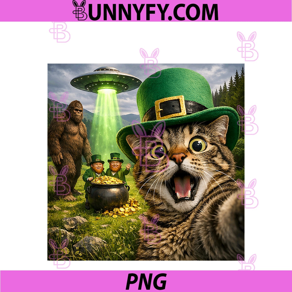 Funny St Patricks Day Cat Selfie PNG, With Leprechaun Bigfoot UFO PNG