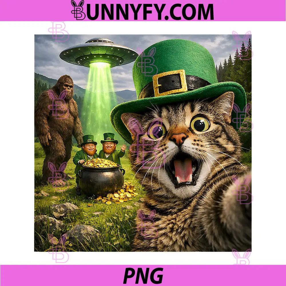 Funny St Patricks Day PNG, Cat Selfie with Leprechaun Bigfoot UFO PNG