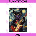 Funny Starry Night Van Gogh PNG, Black Cat Playing Guitar Art PNG