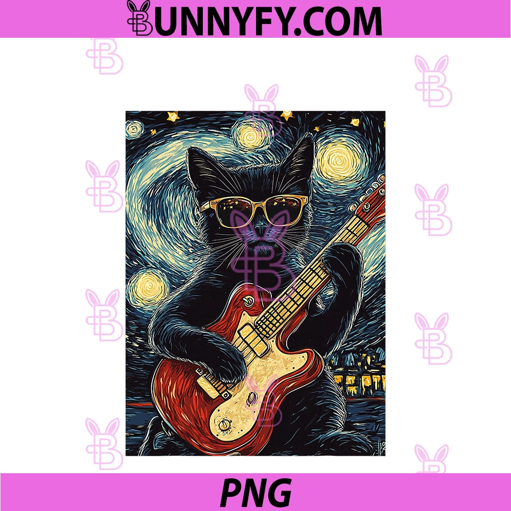 Funny Starry Night Van Gogh PNG, Black Cat Playing Guitar Art PNG