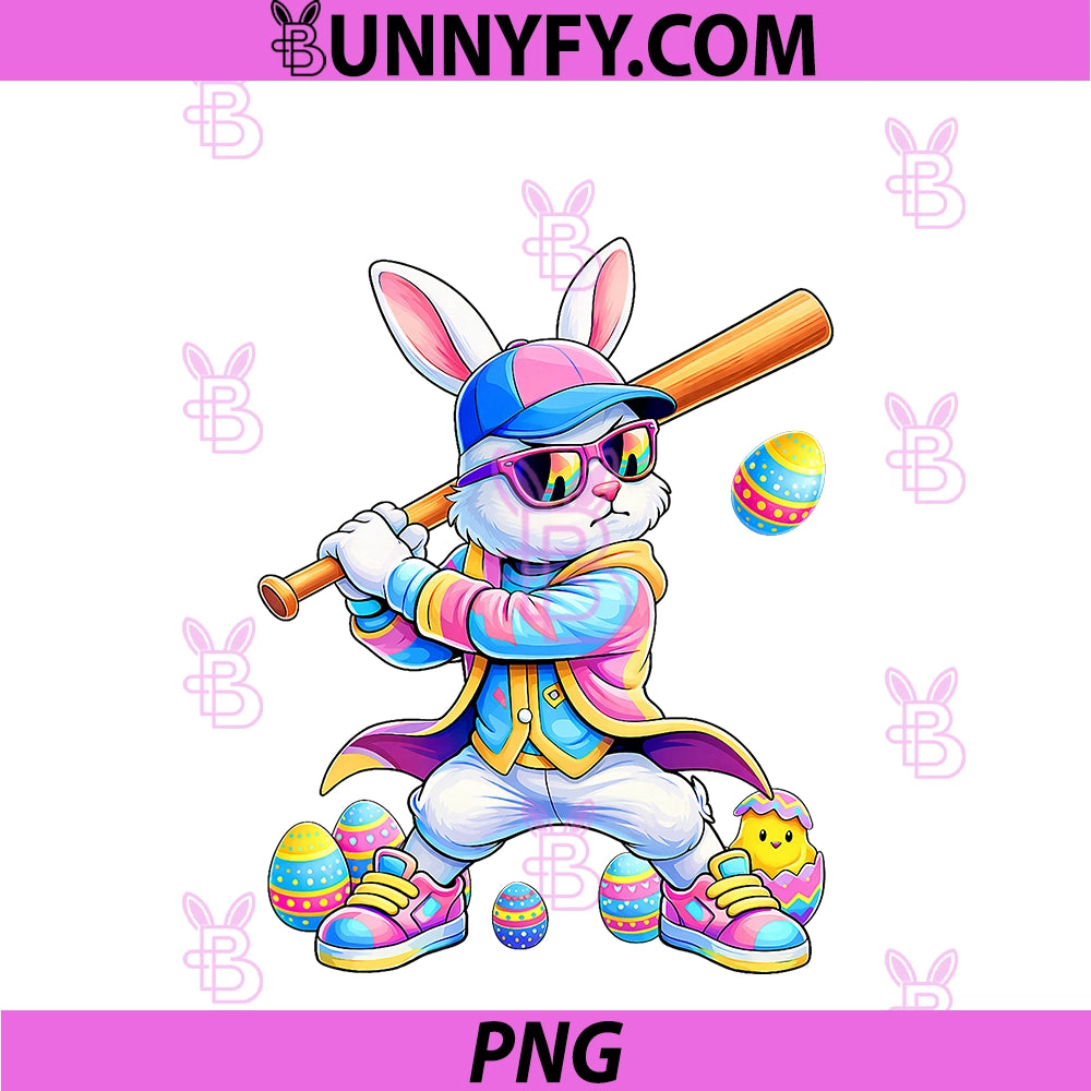 Funny Tie Dye Rabbit PNG, Baseball Easter Bunny PNG
