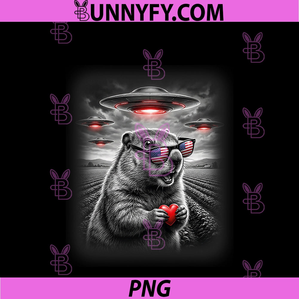 Funny Valentines Groundhog PNG, Heart Selfie Alien UFO USA Flag PNG