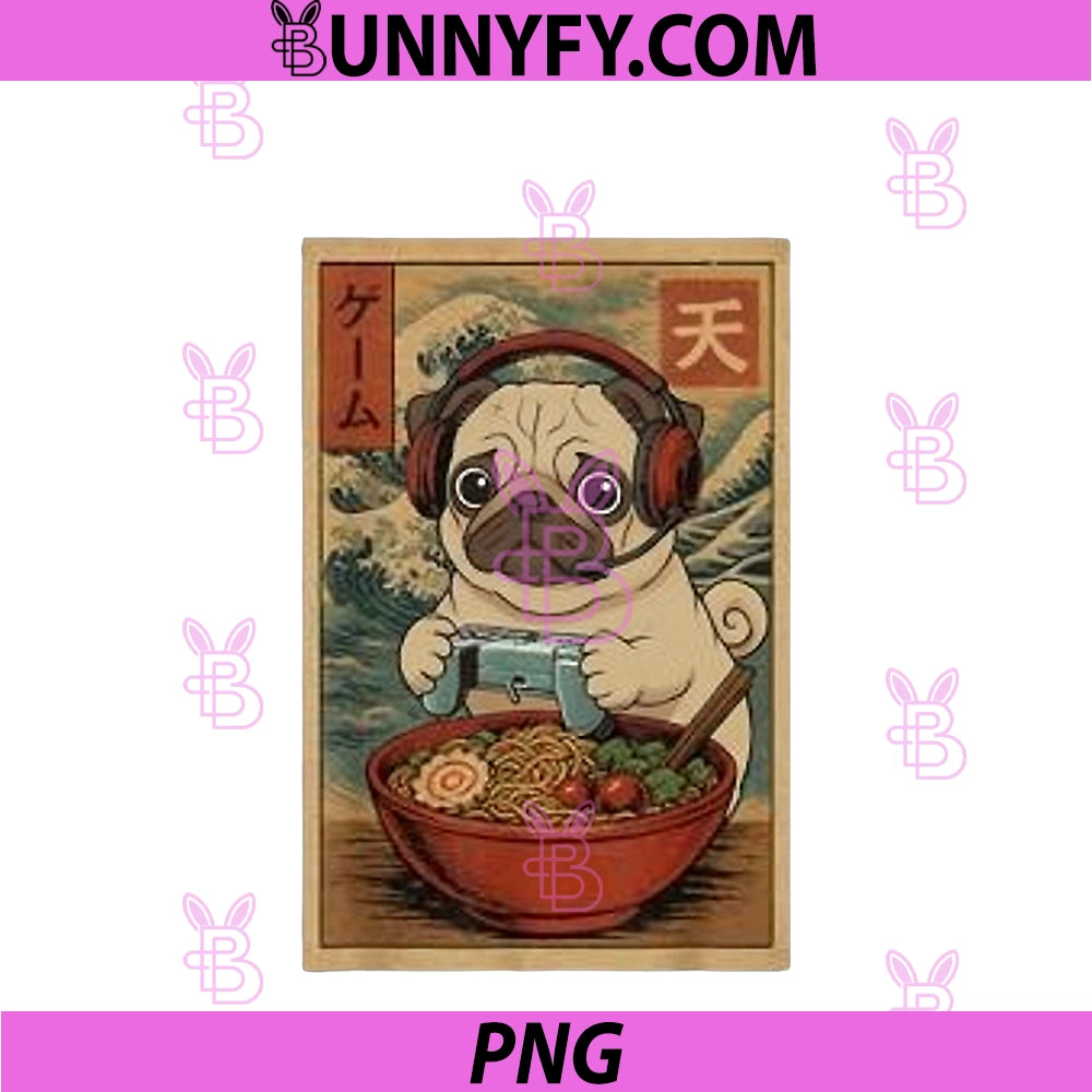 Gamer Pug Funny Ramen Retro PNG, Japanese Pug Gaming PNG