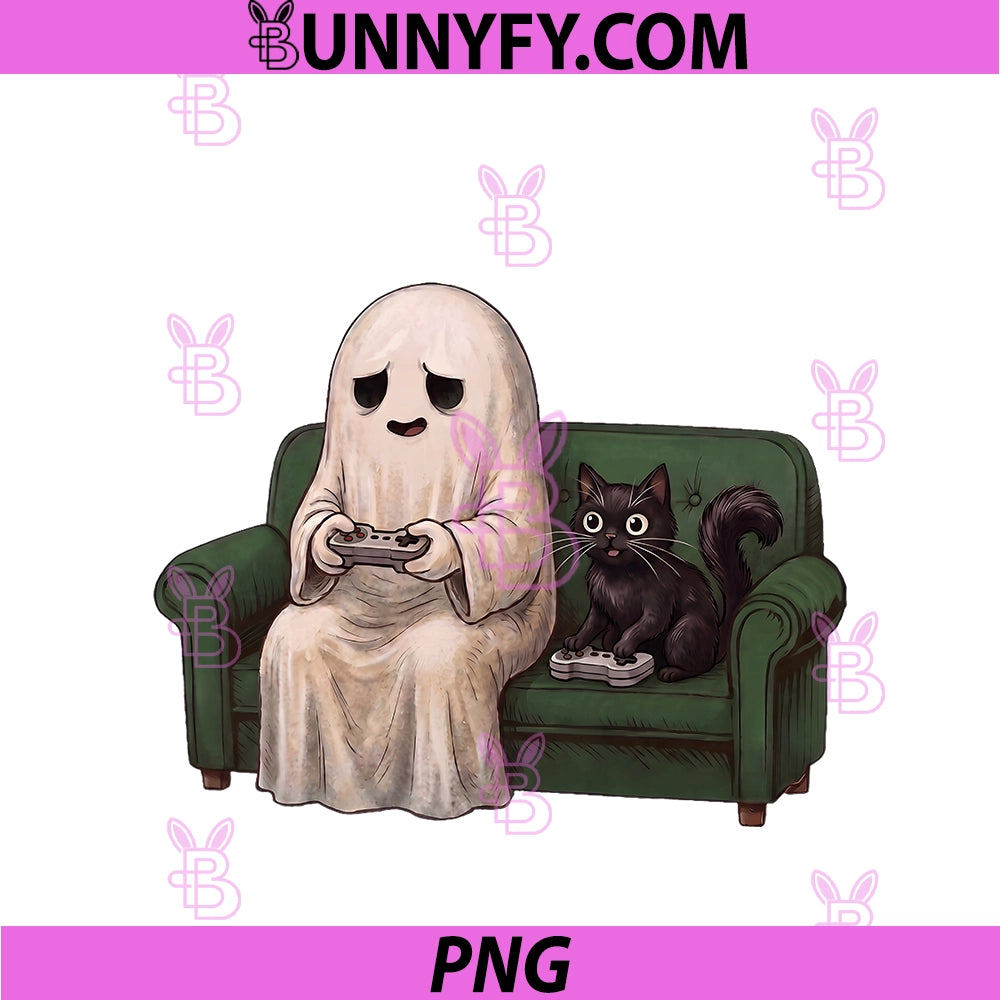 Gaming Boo Ghost And Black Cat Cute PNG, Spooky Halloween Gamer PNG