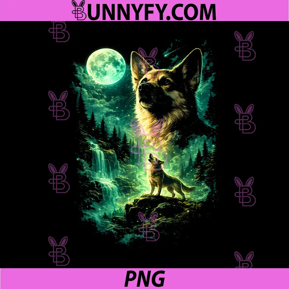 German Shepherd Howling to The Moon PNG, Vintage Cool Dog Forrest PNG