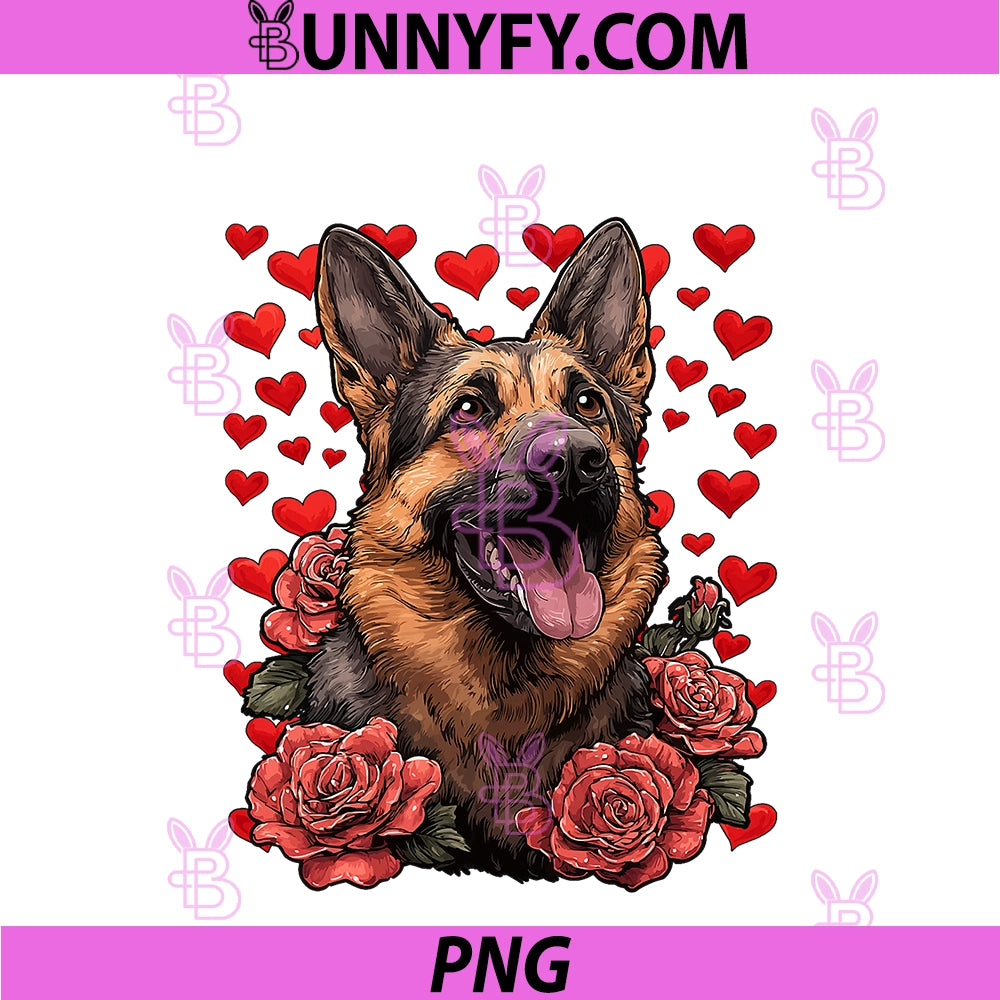 German Shepherd With Red Roses Hearts PNG, Valentine’s Day Dog PNG